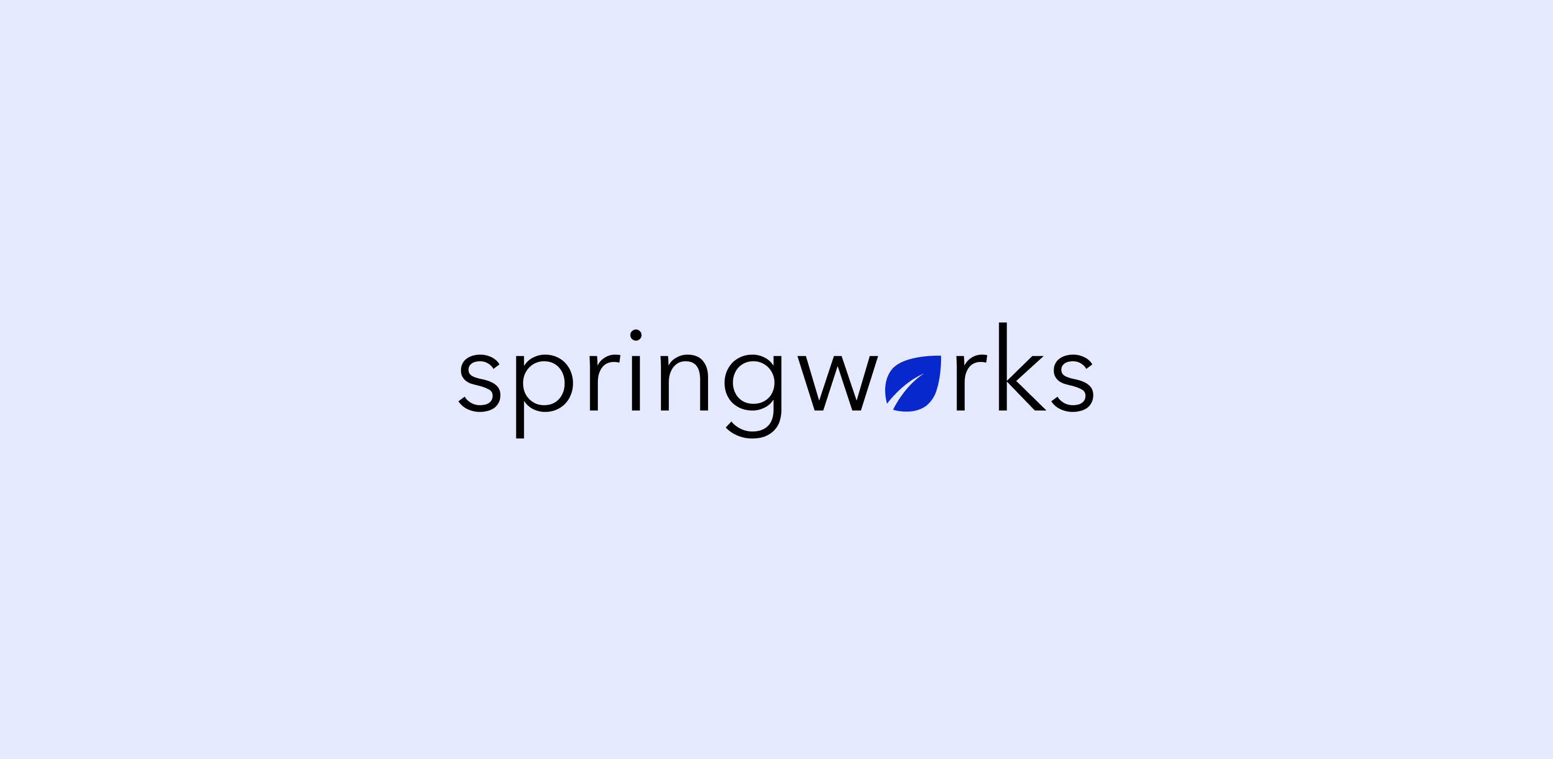 Springworks brand name with a blue leaf icon replacing the letter o on a light lavender background.