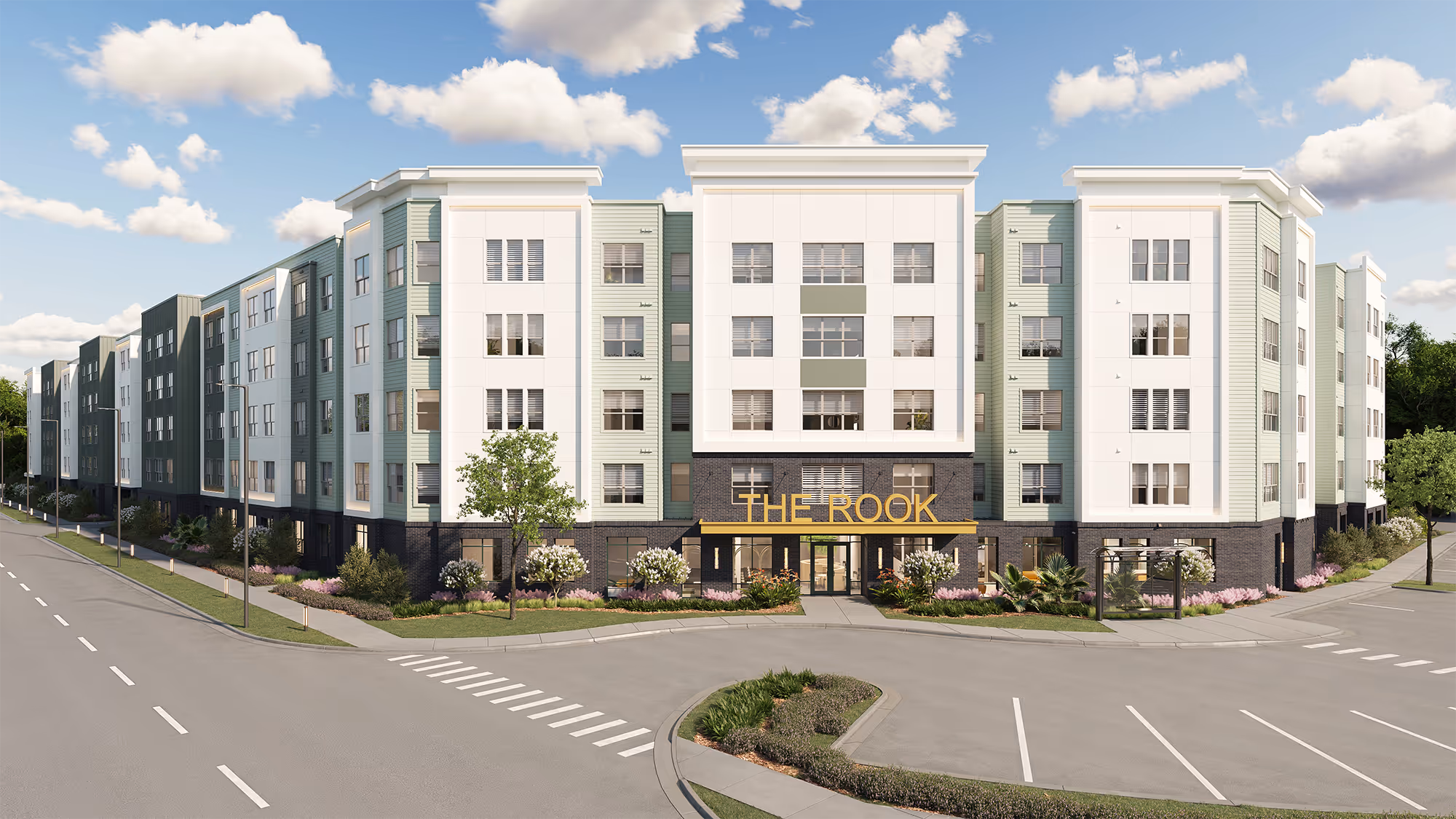 Exterior rendering of The Rook apartment building with a modern design, showcasing its unique entrance and landscaping in Orlando, FL.
