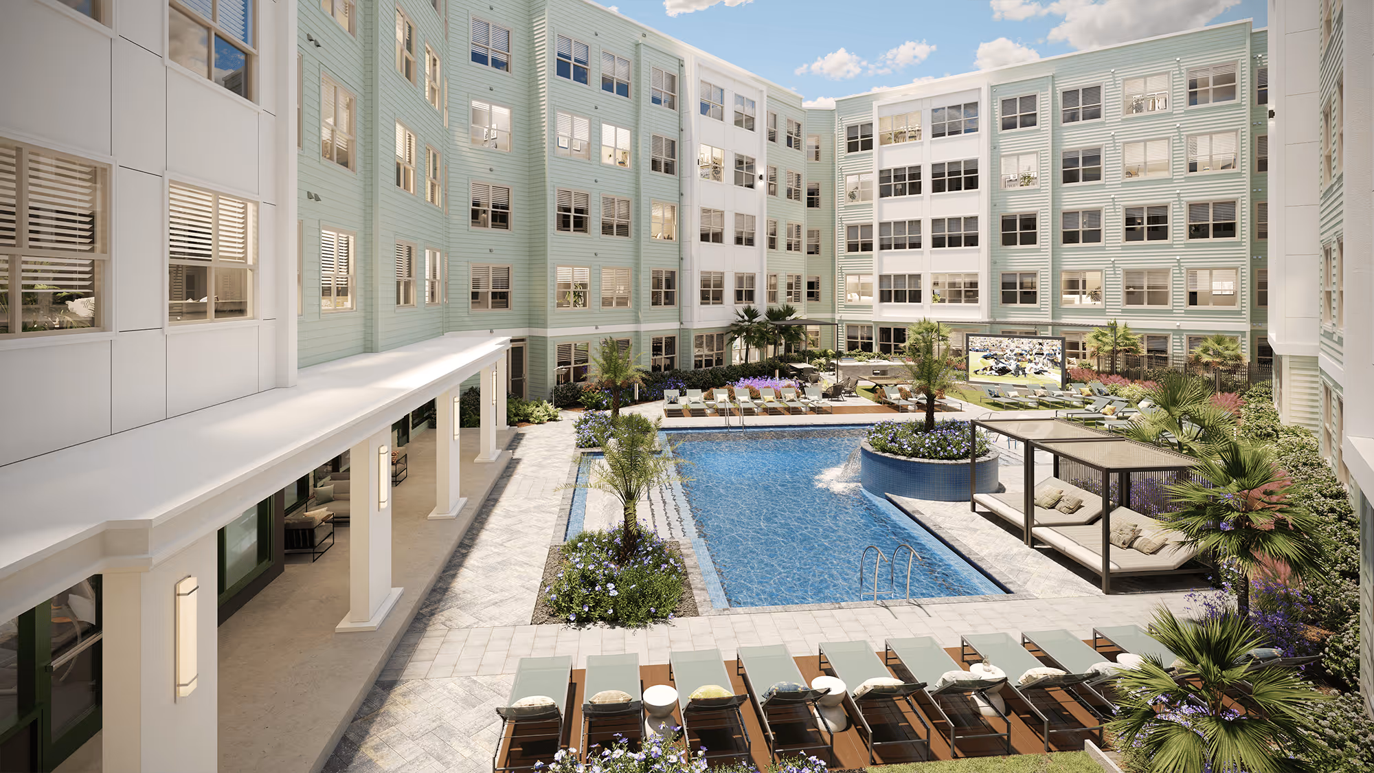Exterior rendering of The Rook apartment building with a modern design, showcasing its unique entrance and landscaping in Orlando, FL.