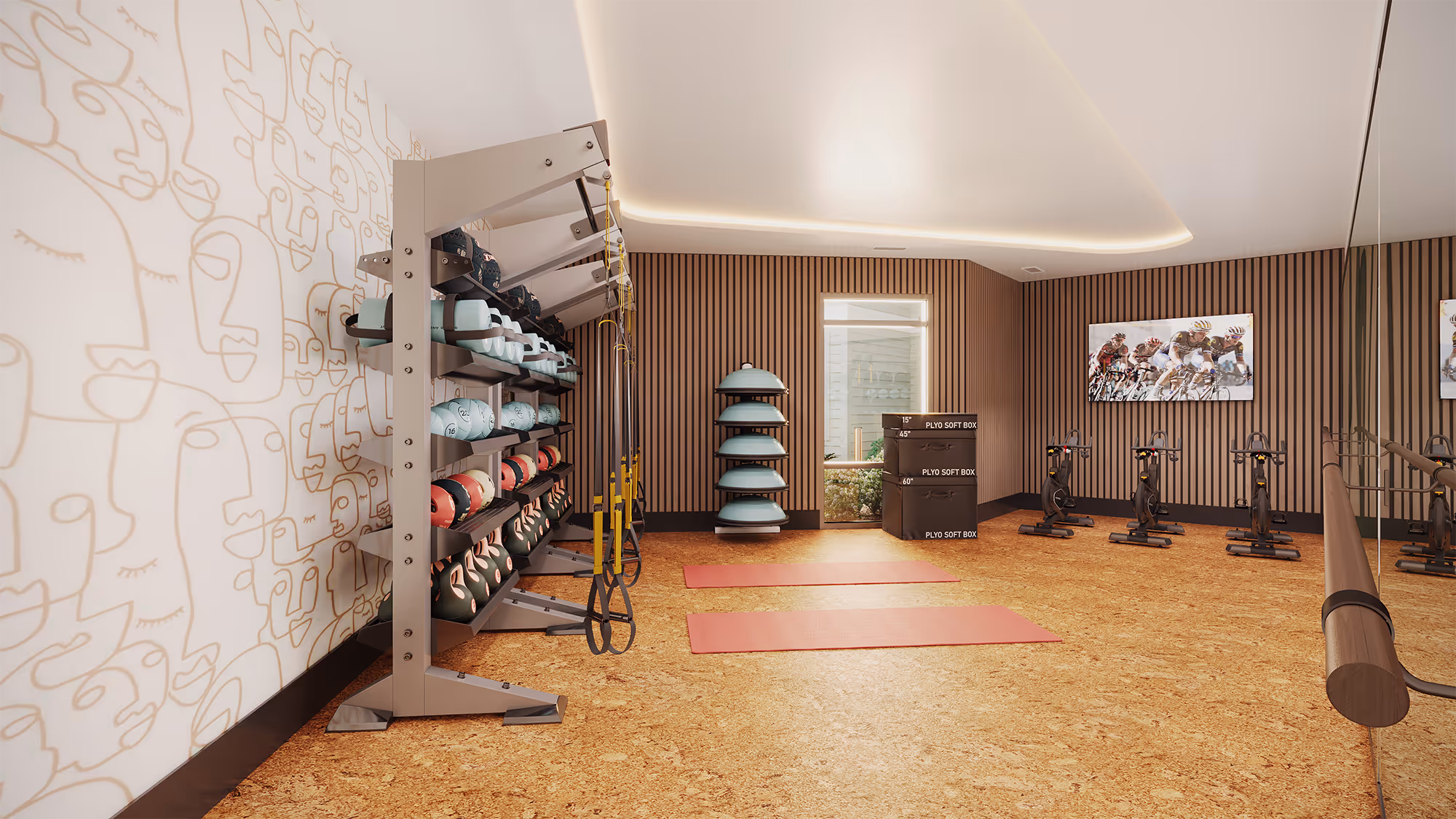 State-of-the-art fitness center with a variety of cardio and weight machines and a mirrored wall, available for residents at The Rook in Orlando, FL.