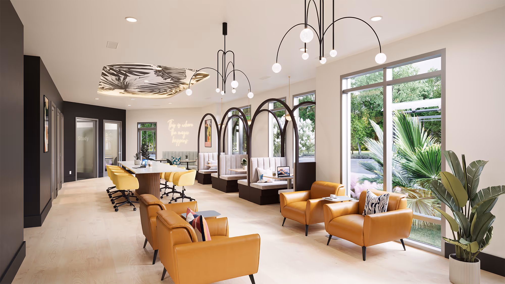 Spacious co-working lounge with individual study nooks, communal tables, and comfortable chairs, showcasing a resident amenity at The Rook in Orlando, FL.