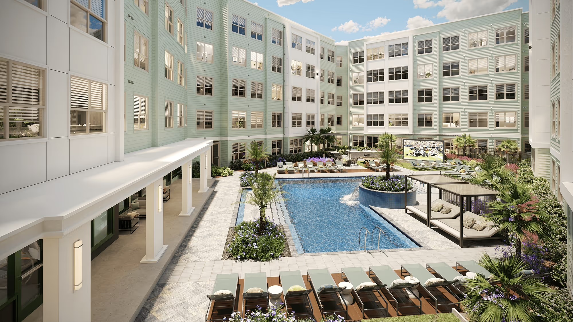Aerial view of the resort-style courtyard and pool, with palm trees and cabanas, a premium amenity at The Rook in Orlando, FL.