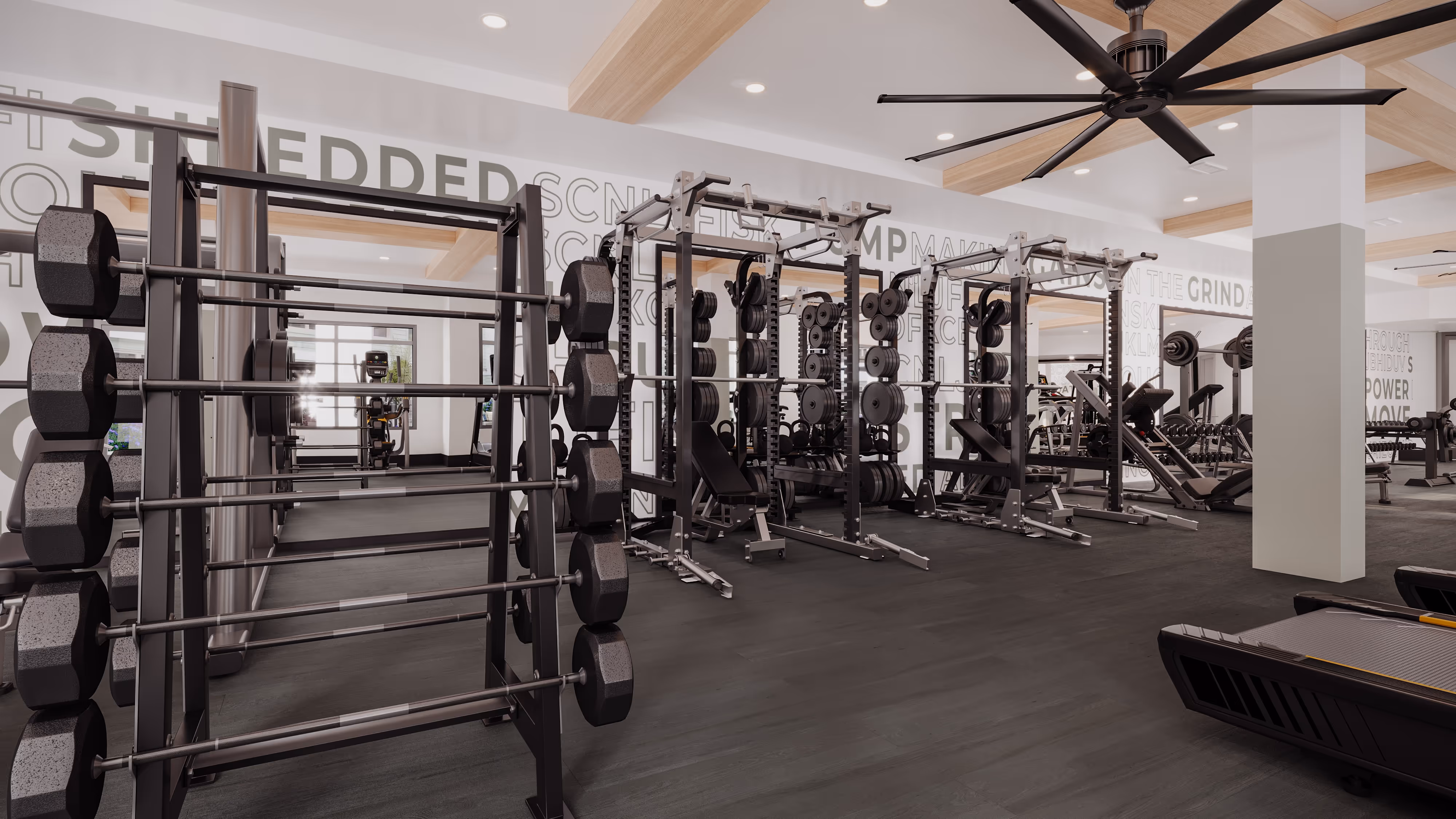 Fitness center with workout equipment and machines rendering. at The Rook in Orlando, FL.