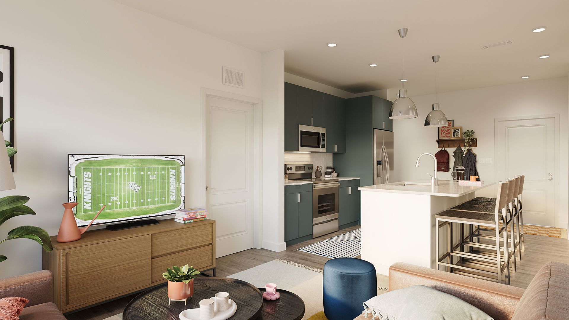 Apartment living room with a brown leather sectional sofa, modern TV console, and a large window with blinds at The Rook in Orlando, FL.