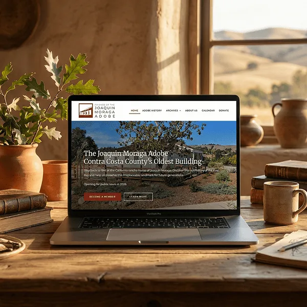 Moraga Adobe website displayed in a warm historic interior