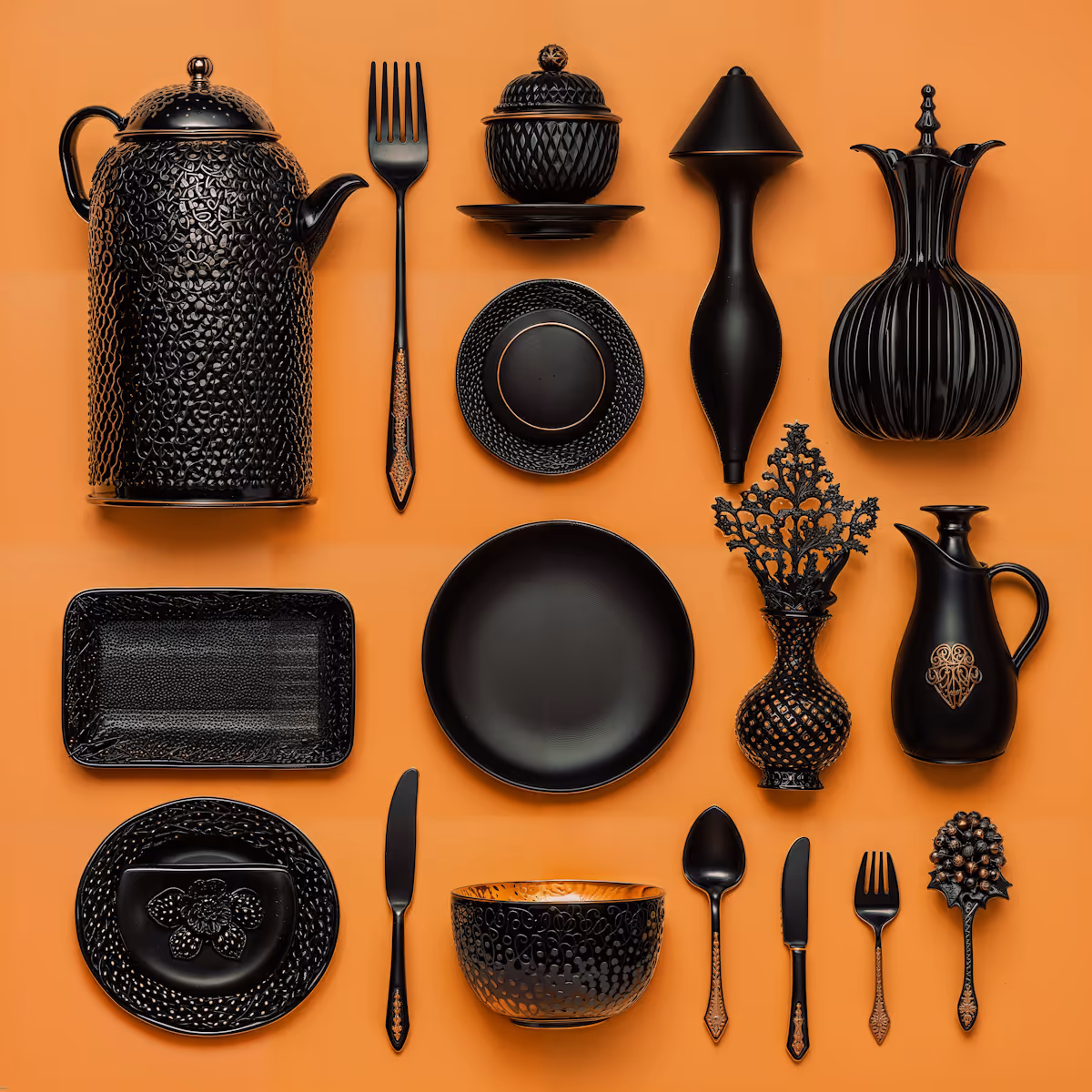  Elegant Black Kitchenware on Orange Background