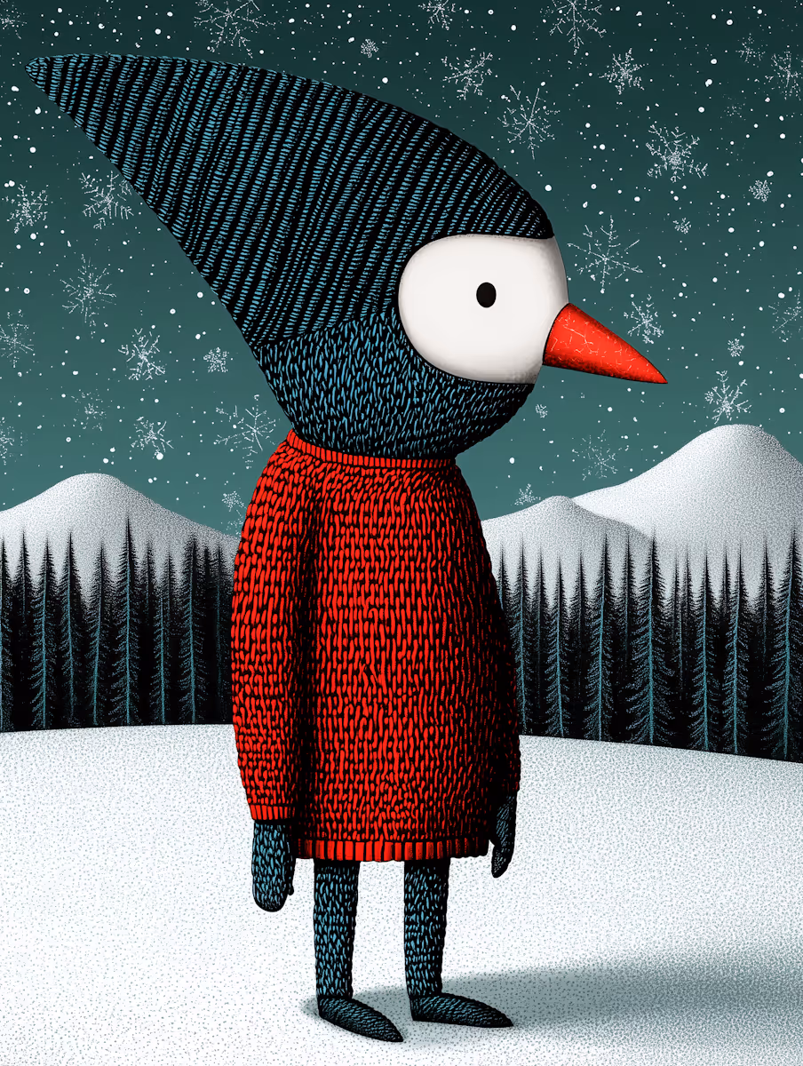  Whimsical Bird-like Character in Snowy Landscape