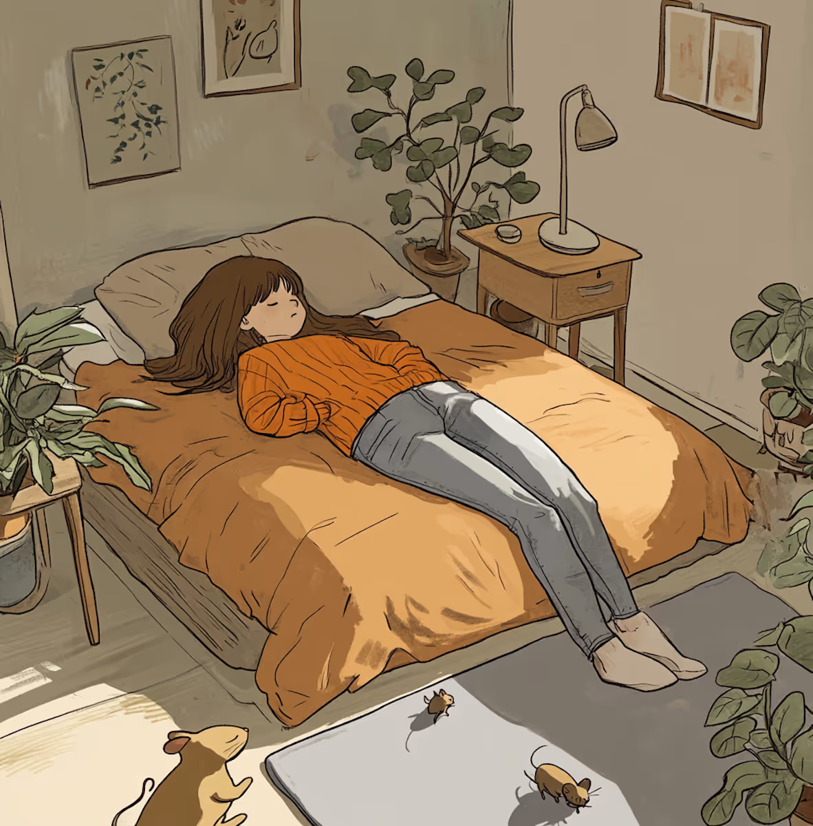 Contemplative Woman in Serene Room With Mice