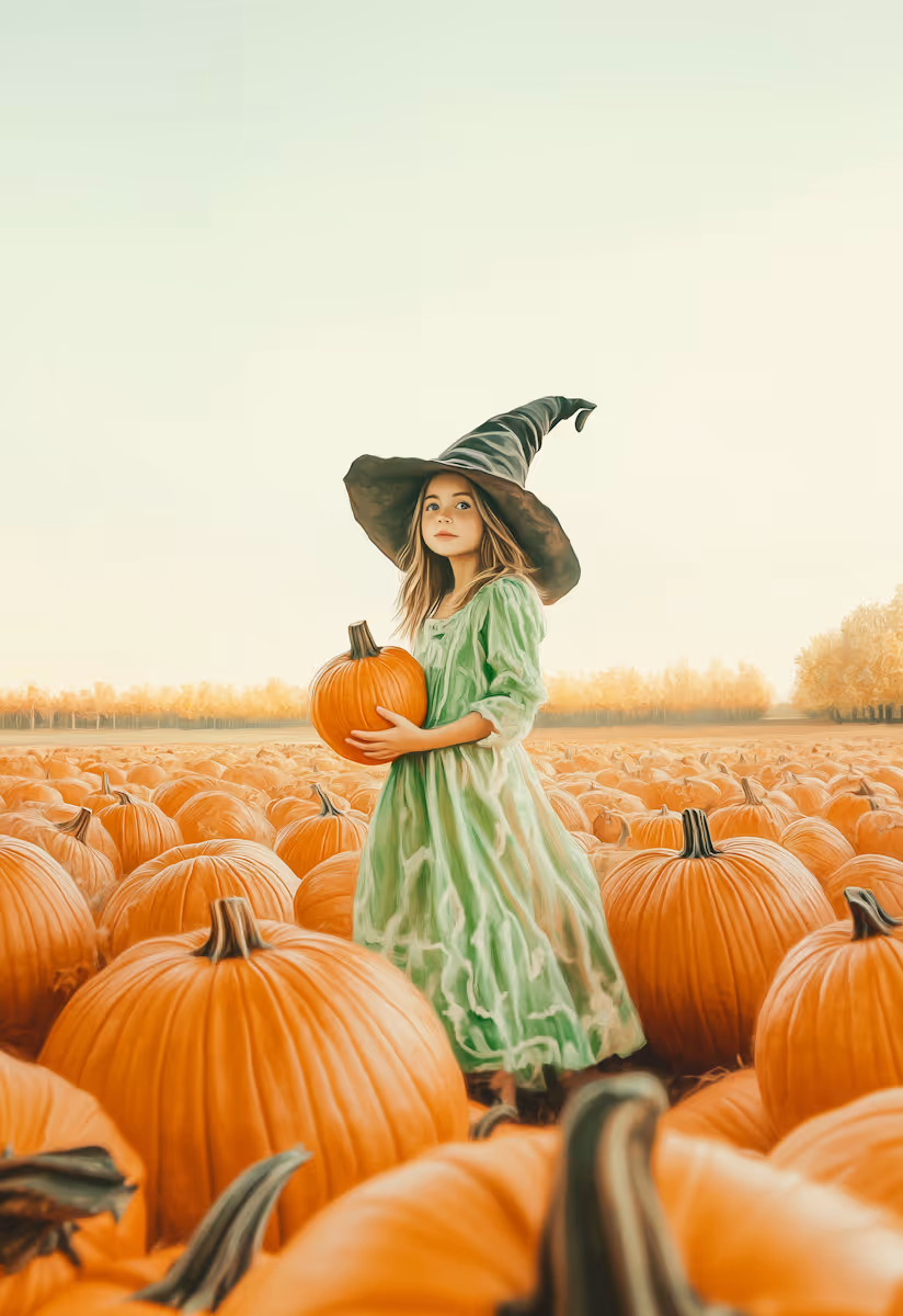  Girl in Pumpkin Patch with Witch's Hat