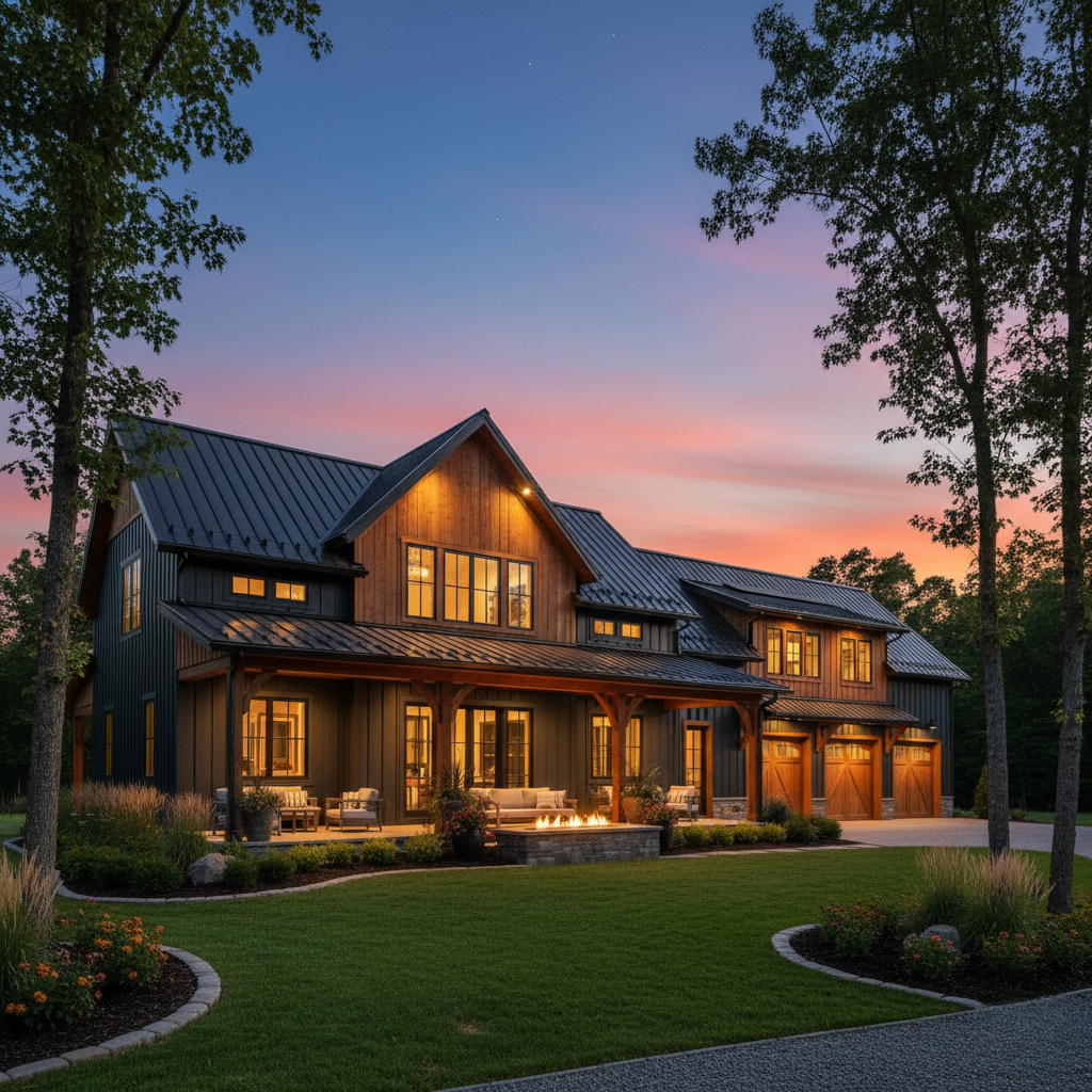 Modern farmhouse with lit windows, outdoor seating, and a fire pit at dusk under a colorful sky.