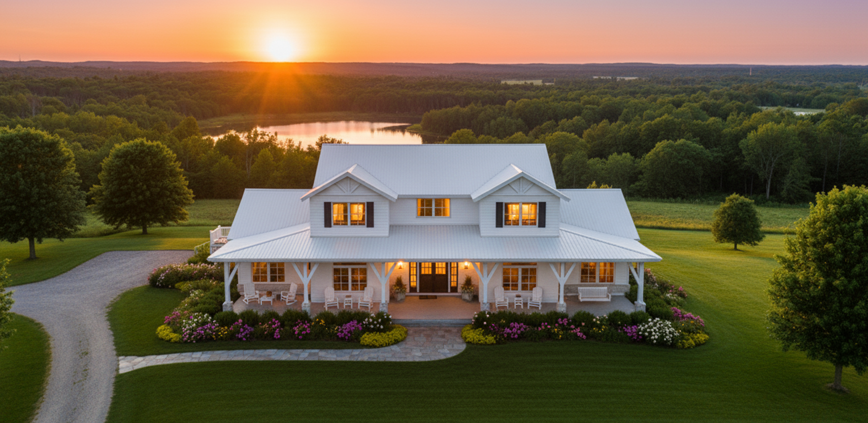 White farmhouse with porch lights on, surrounded by green lawn and trees at sunset with a lake in the background.