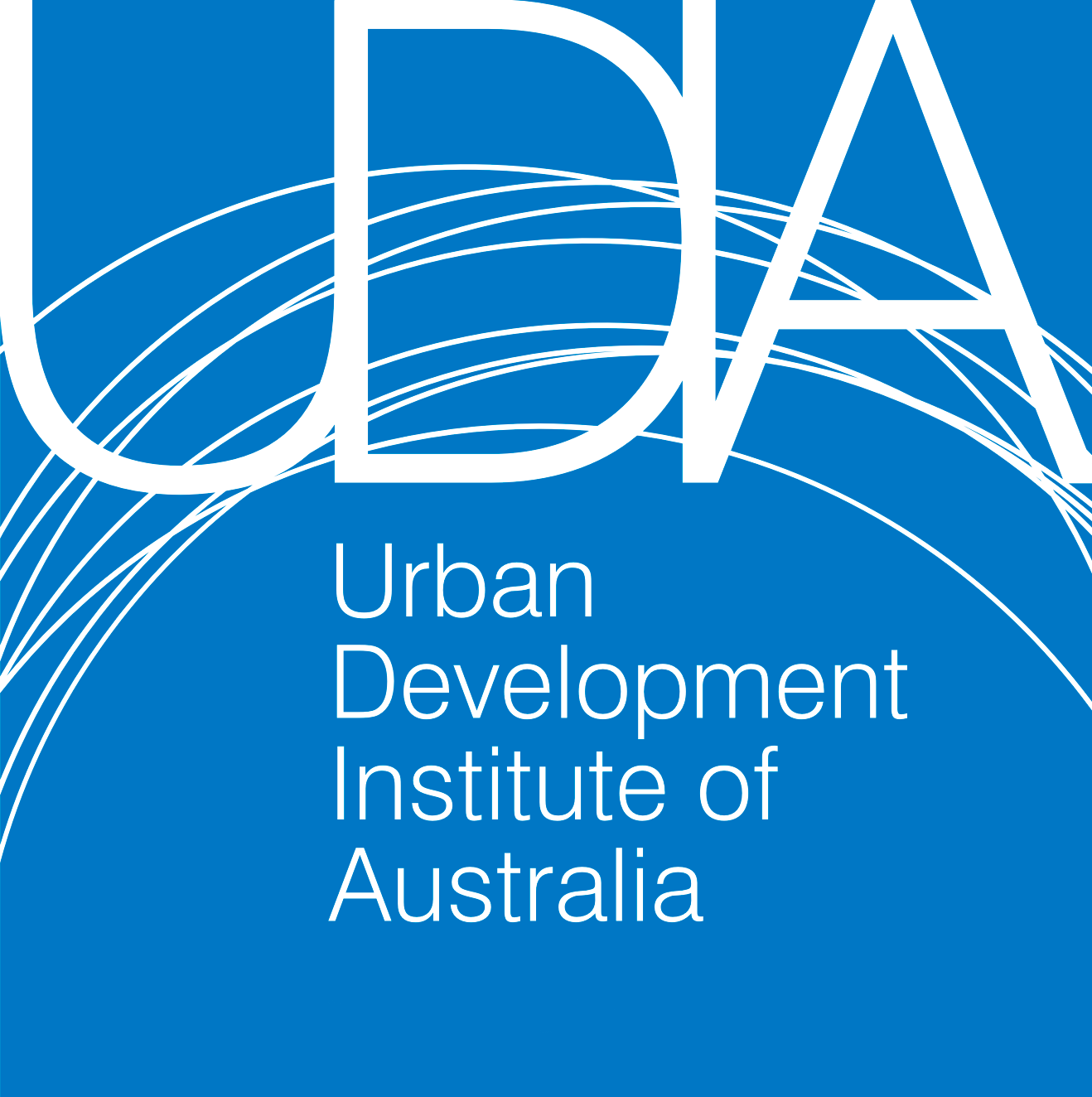 Logo of Urban Development Institute of Australia with large white letters U, D, A and curved white lines on blue background.