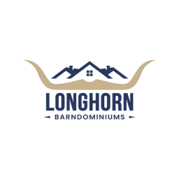 Longhorn Barndominiums logo featuring stylized longhorn horns with a blue house roof and window between them.