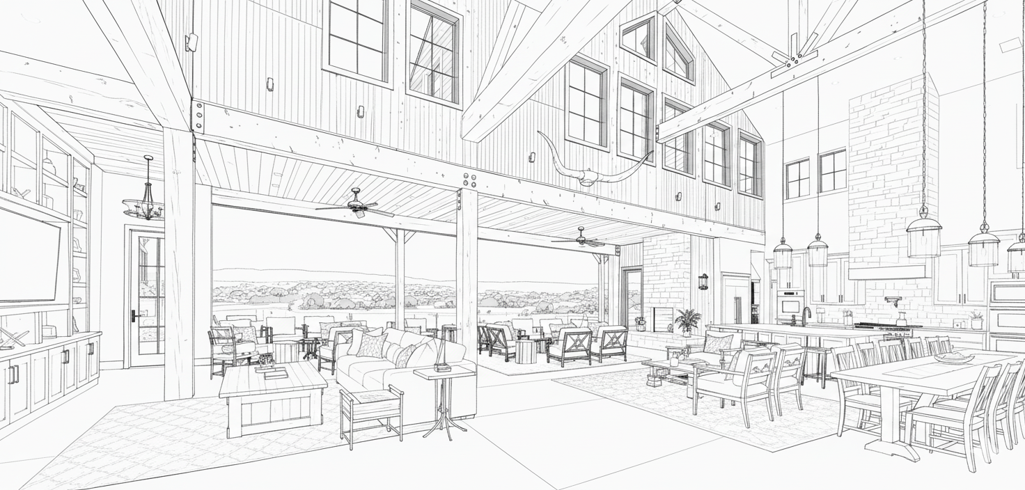 Architectural sketch of a large open living space featuring a lounge area, dining table, kitchen with island, high ceilings with exposed beams, ceiling fans, and a patio overlooking a scenic landscape.