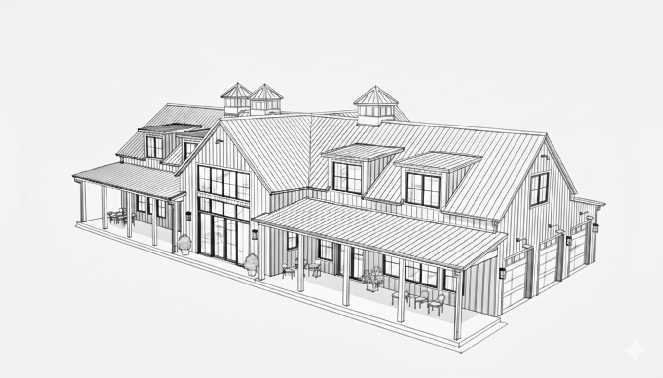 Architectural sketch of a large farmhouse-style building with multiple dormer windows, covered porches, and three garage doors.