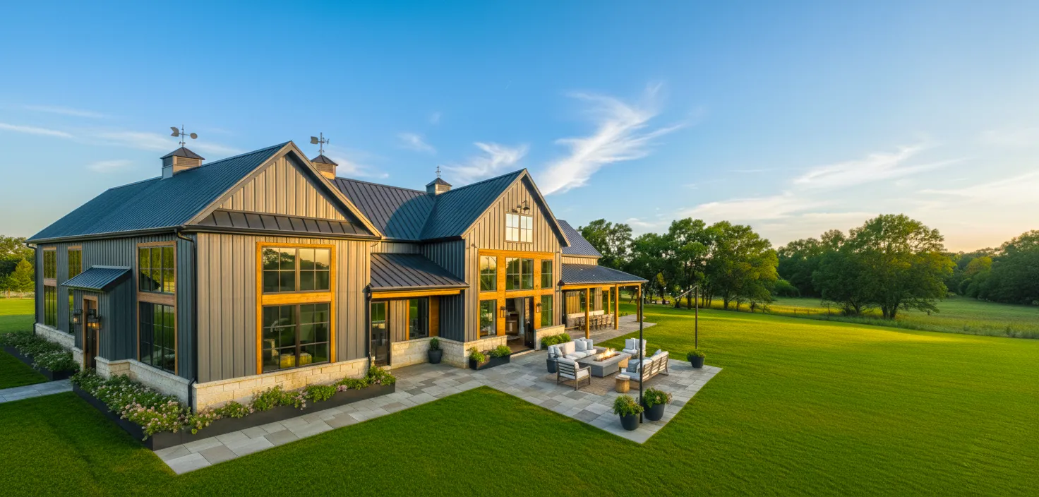 Modern large farmhouse with metal roof, tall windows, and outdoor seating area on a spacious green lawn at sunset.