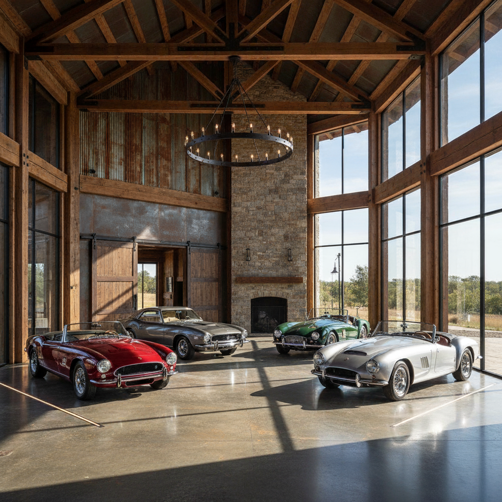 Four classic sports cars displayed in a spacious, rustic garage with large windows and a stone fireplace.