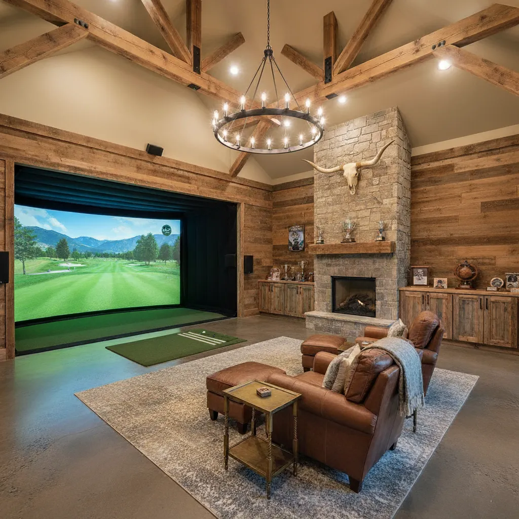 Cozy room with stone fireplace, leather chairs, and a golf simulator screen showing a green golf course.
