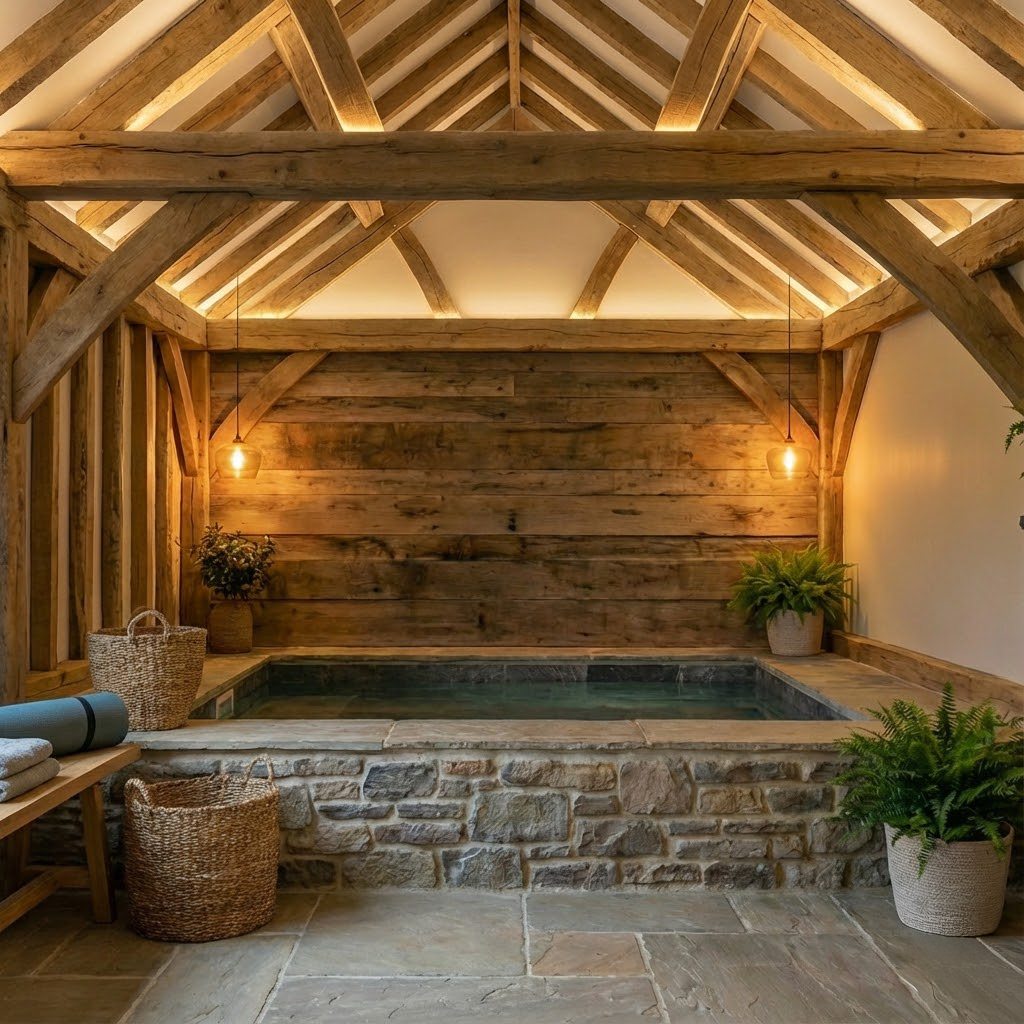 Cozy indoor pool with wooden beams, stone walls, warm lighting, plants, and woven baskets.