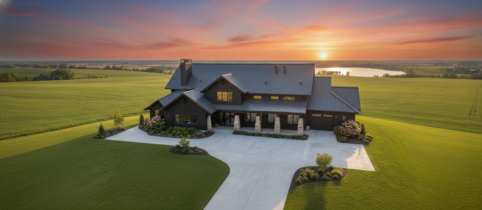 Modern farmhouse with dark exterior and stone pillars at sunset, surrounded by vast green fields and a distant lake.