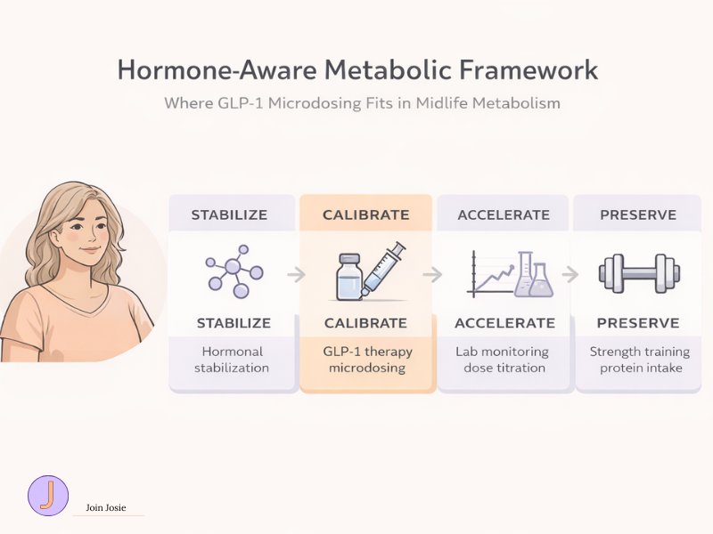 Hormone-aware metabolic framework showing stabilize, calibrate, accelerate, and preserve phases for GLP-1 therapy in midlife women.
