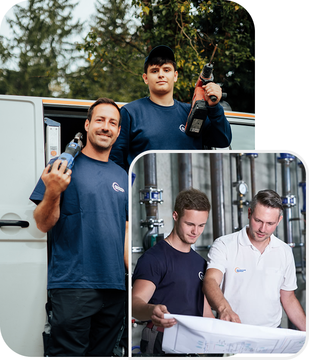 Zwei Handwerker mit geschulterten Werkzeugen und Ingenieure mit Montageplänen