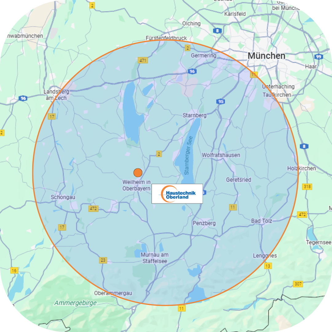 Karte vom Abdeckungsgebiet von Haustechnik Oberland mit Radius etwa 30-35km bis München Süd-West