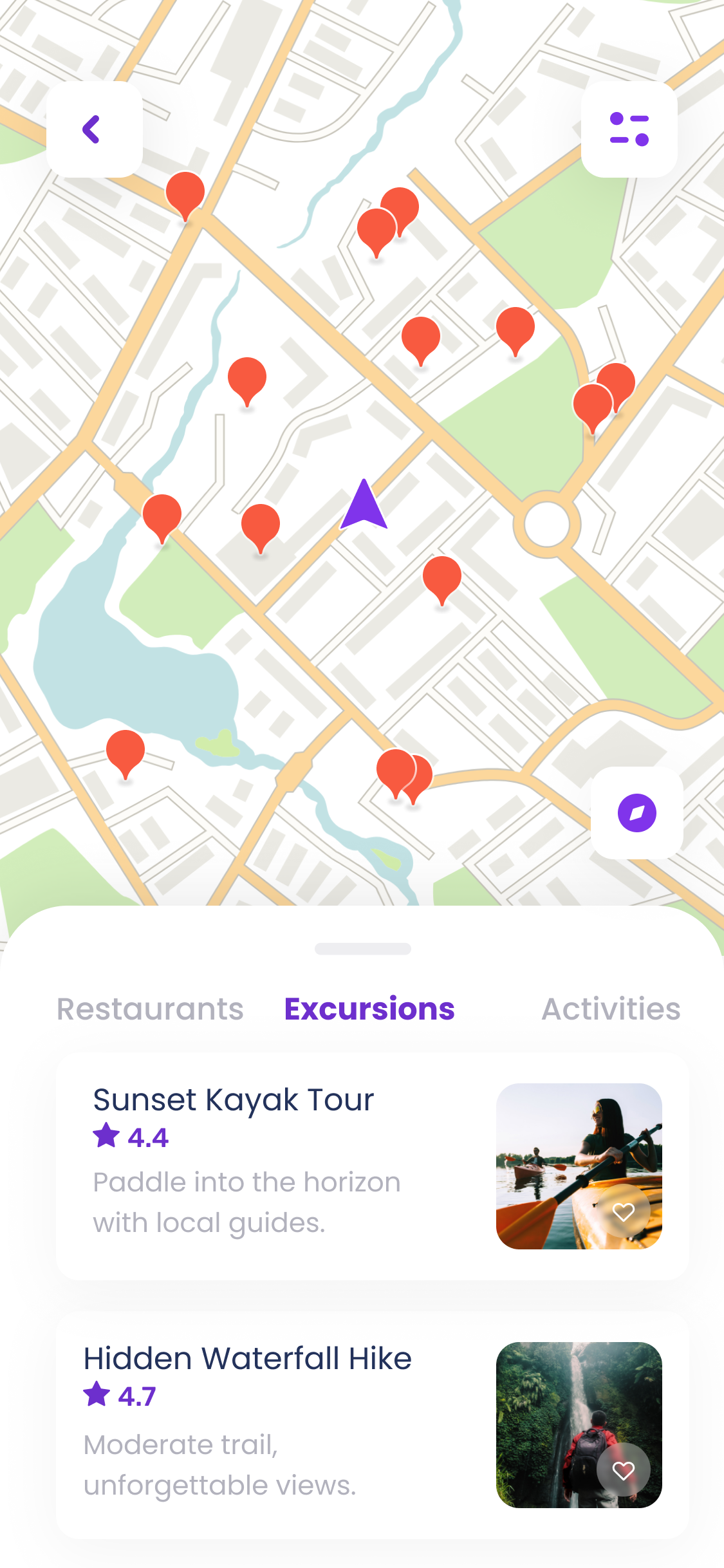 Map interface with red location pins showing points of interest, a purple navigation arrow, and a bottom panel displaying excursion options: Sunset Kayak Tour rated 4.4 and Hidden Waterfall Hike rated 4.7.