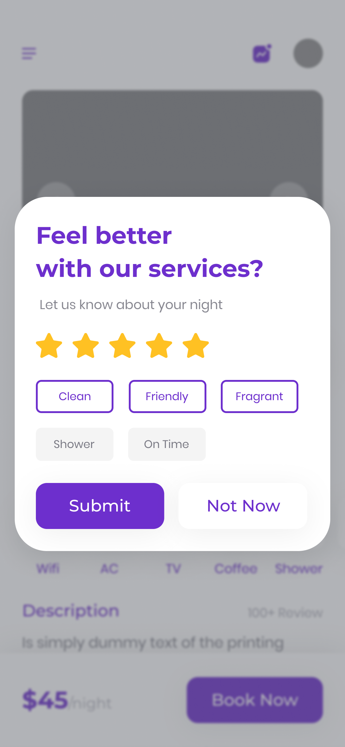User feedback form showing five gold stars, tags for Clean, Friendly, Fragrant selected, and Submit and Not Now buttons.