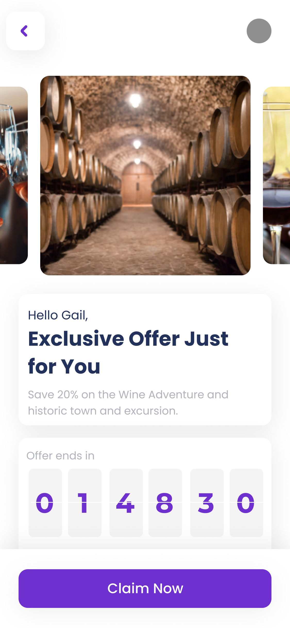 Wine cellar with rows of wooden barrels under arched ceiling and an offer to save 20% on a Wine Adventure and historic town excursion.