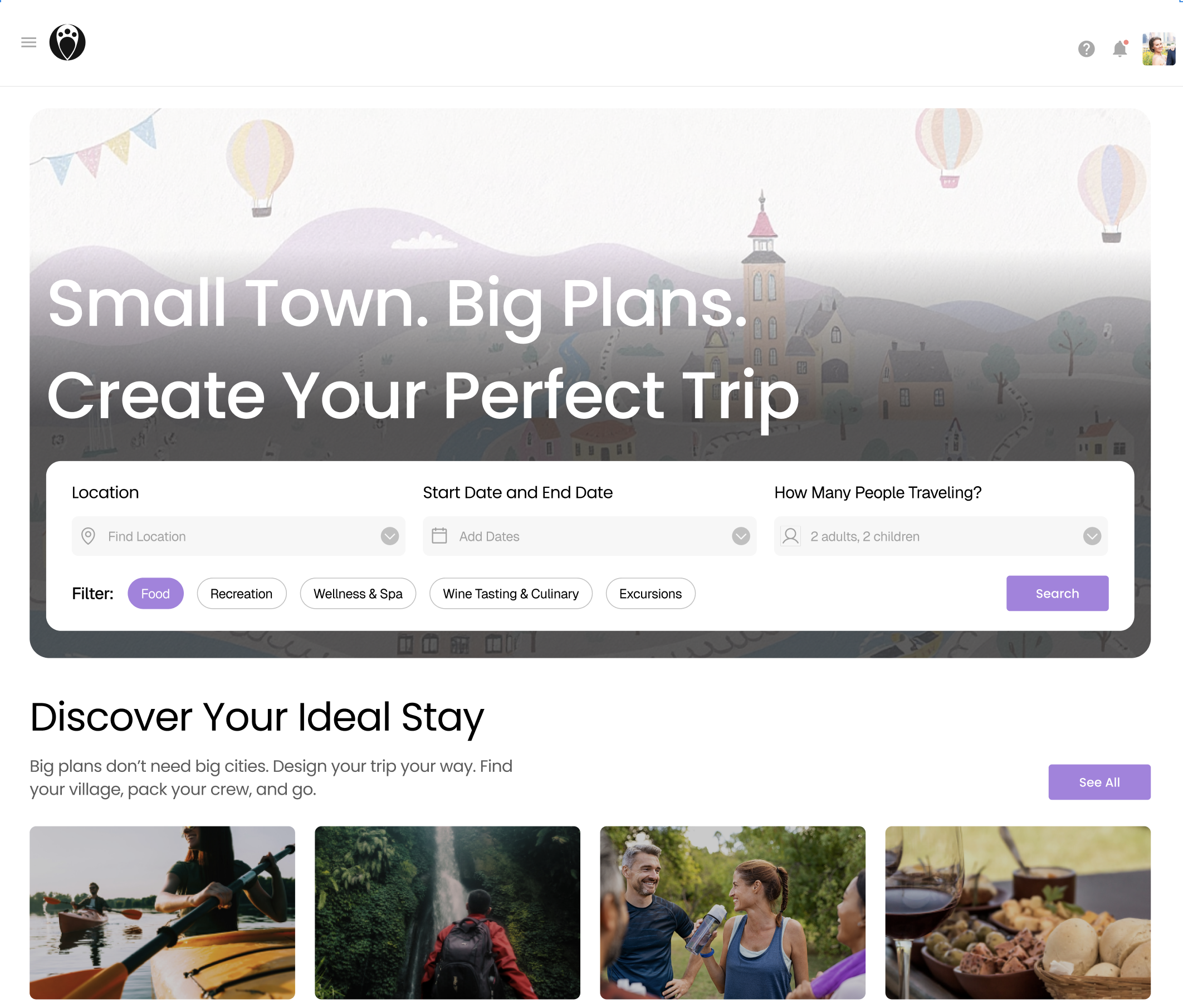 Travel planning website with search options for location, dates, and number of travelers, featuring filters like Food and Recreation and images of kayaking, hiking, socializing, and dining.
