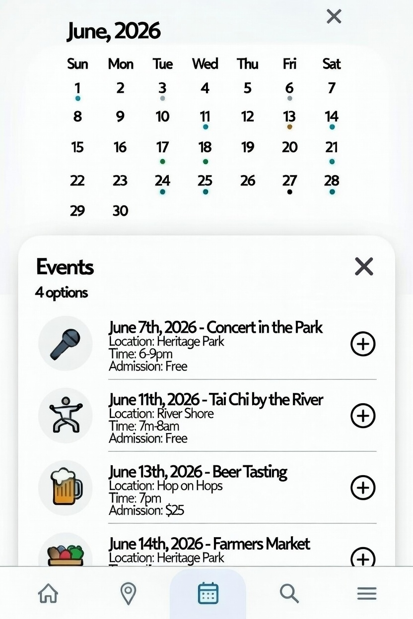 Mobile app screen showing a welcome message for Wanderer_42, search bar, button to manage schedule, and a weekly schedule with booked events: Village Food Tour on Tuesday, July 11, and Artisan Workshop with 2 spots left on Thursday, July 13.