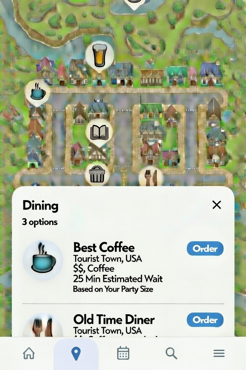 Map interface with red location pins showing points of interest, a purple navigation arrow, and a bottom panel displaying excursion options: Sunset Kayak Tour rated 4.4 and Hidden Waterfall Hike rated 4.7.