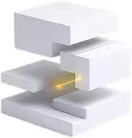 Abstract white geometric sculpture with glowing yellow element between blocks