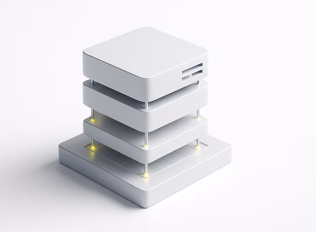 White modular server or computer stack with glowing yellow lights