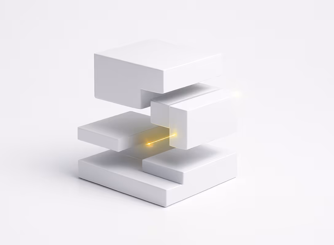 Abstract white geometric blocks with a glowing yellow light connection