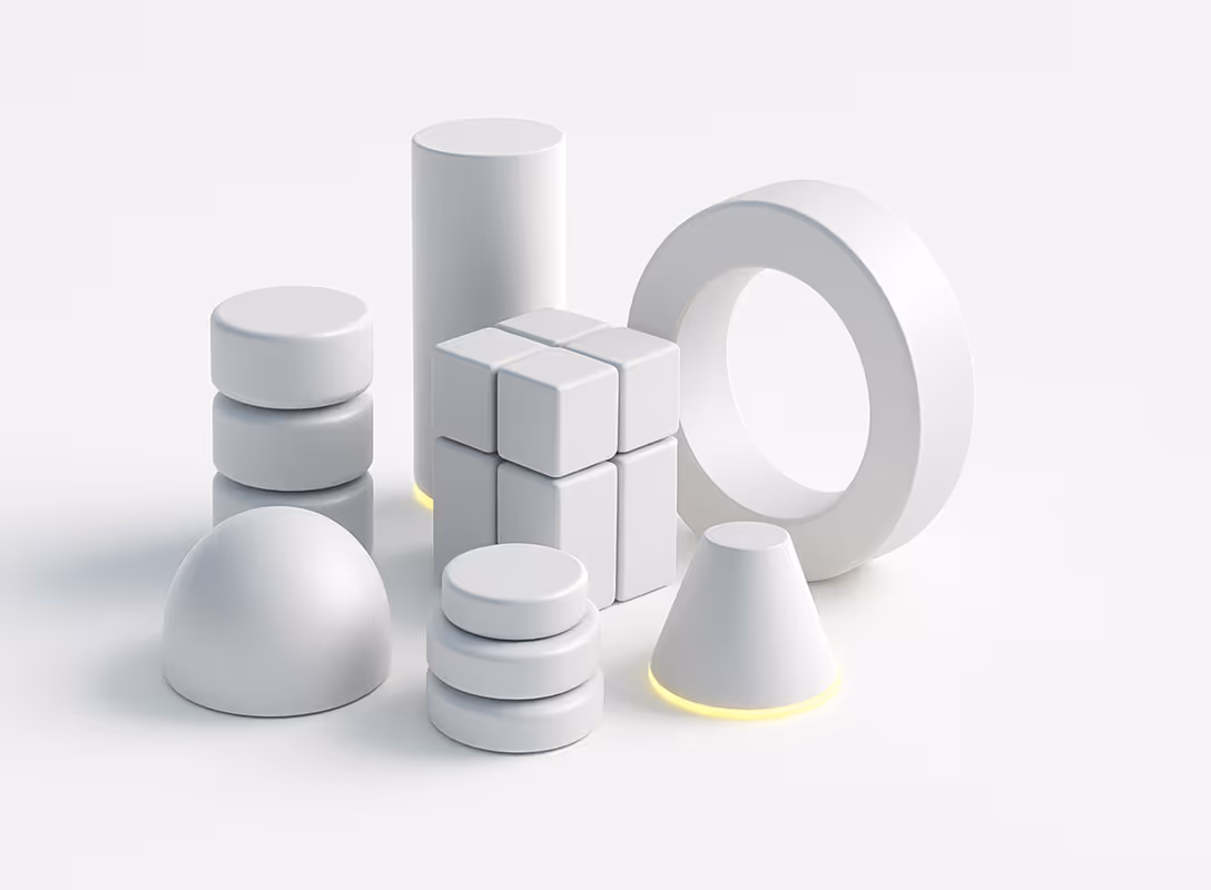 White geometric 3D shapes with varying sizes and soft glowing edges