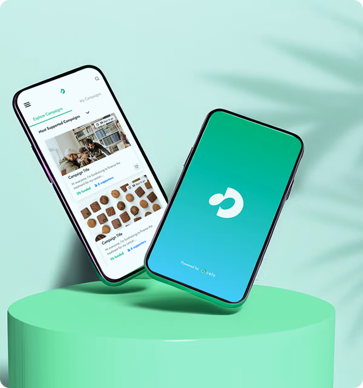 Two smartphones displaying a green mobile app interface on a green platform
