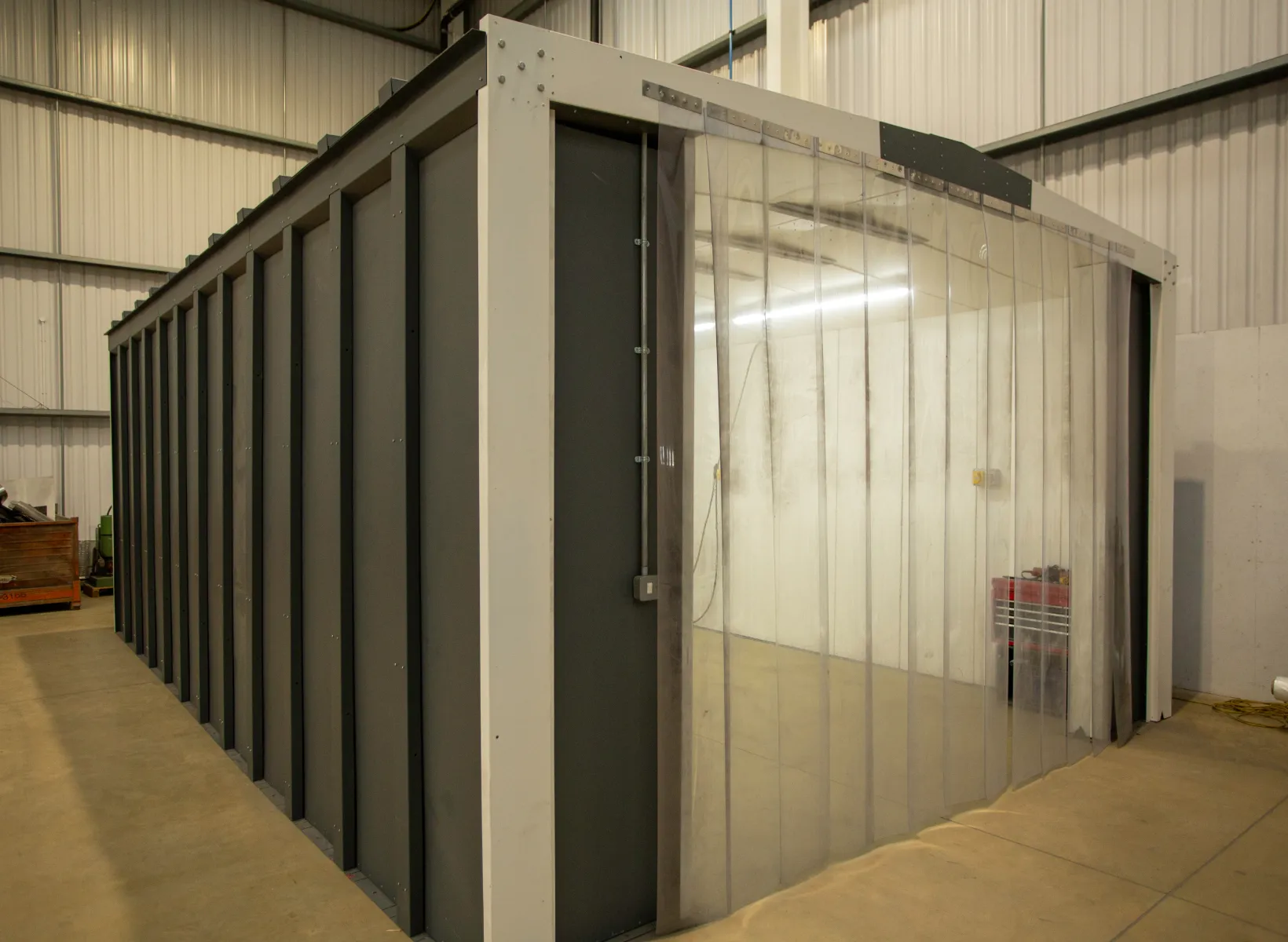 A storage room with a sliding glass door.