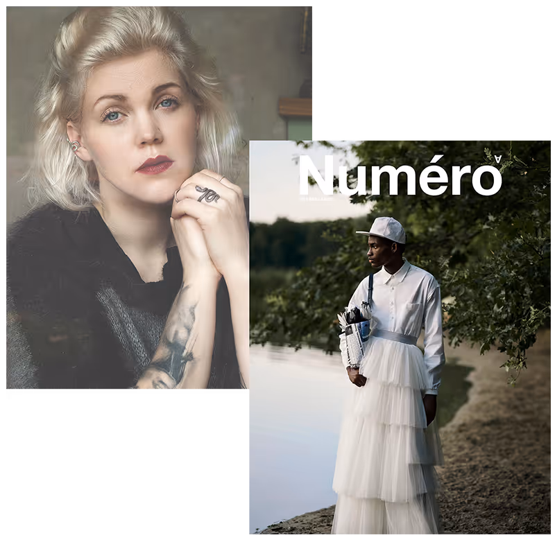 Person with short blonde hair looking thoughtful; another person in white attire standing by a river.