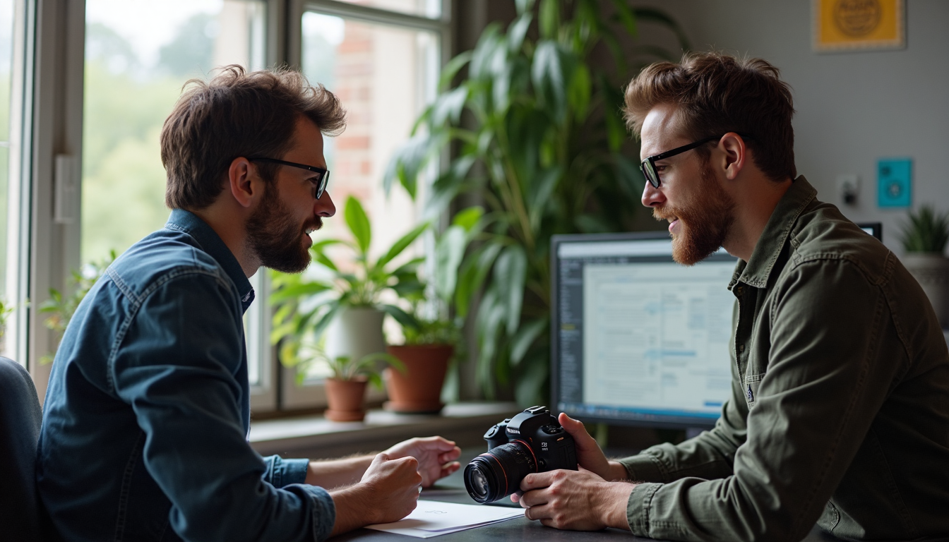 Designer and photographer collaborating on digital assets