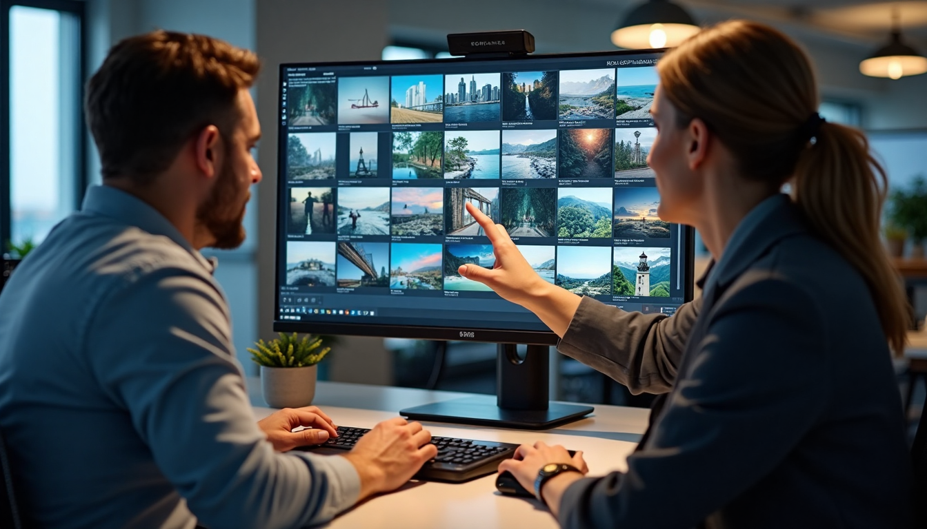 Professionals manage image assets at modern digital workstation