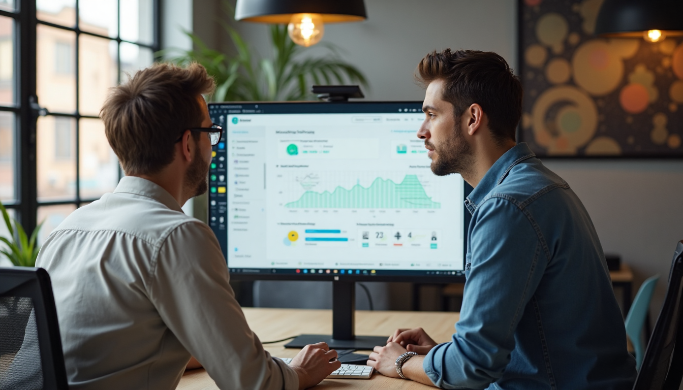 Professionals review secure file transfer dashboard at workstation