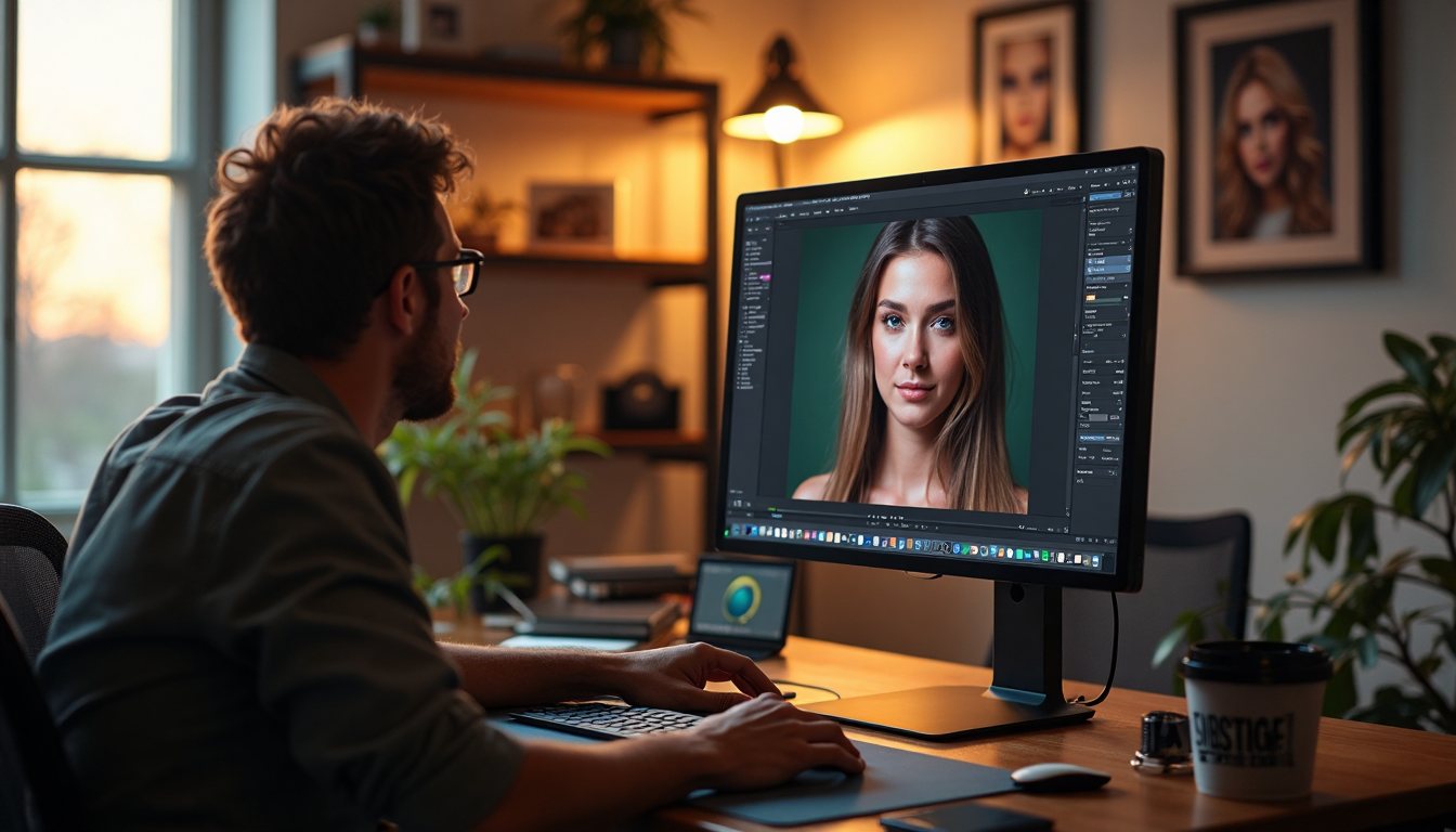 Photo editor working on portrait with 'Advanced Terminology' overlay on monitor