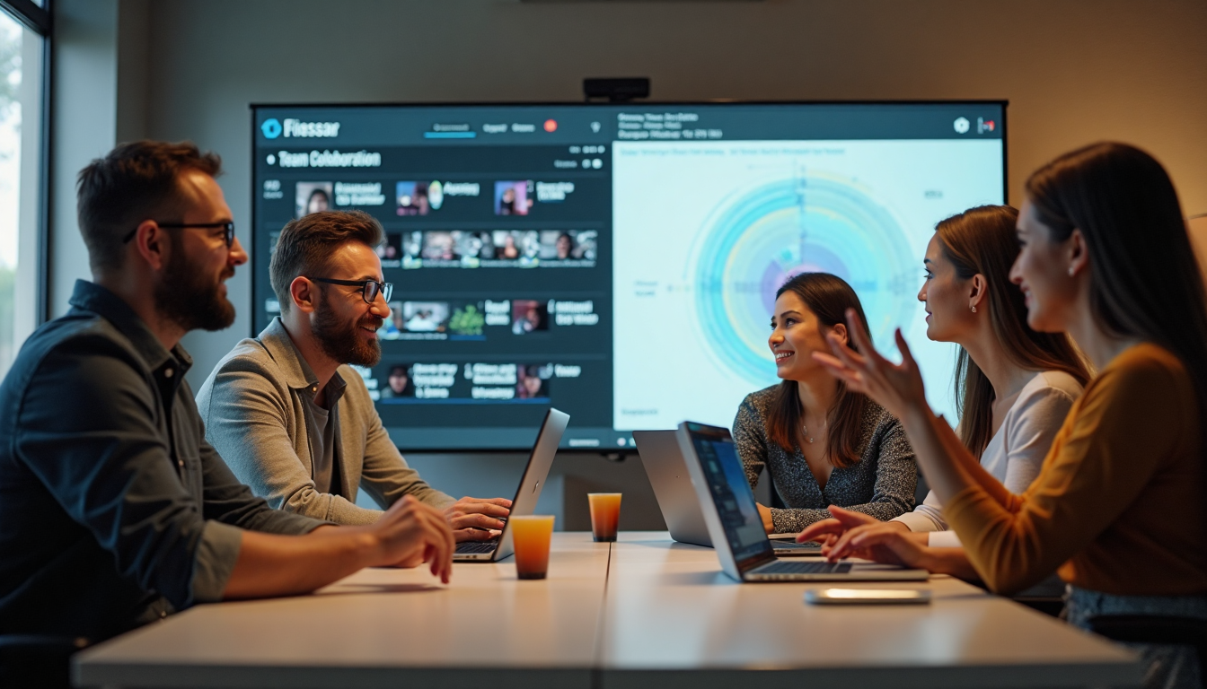 Group of editors collaborate with 'Team Collaboration' on digital whiteboard