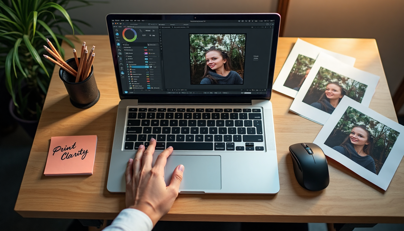 Photographer reviews image on laptop with print samples and dpi notes
