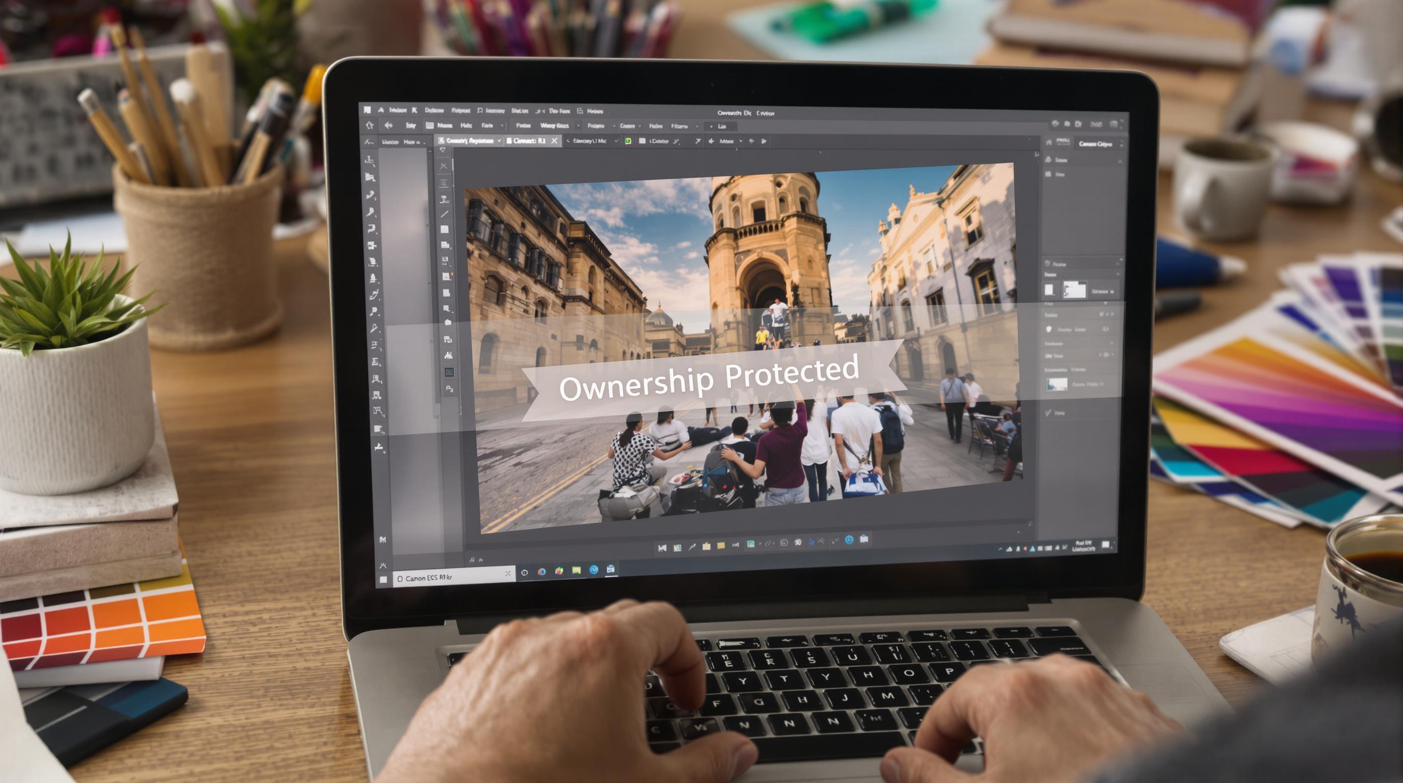 Designer applying transparent watermark with 'Ownership Protected' label in natural workspace