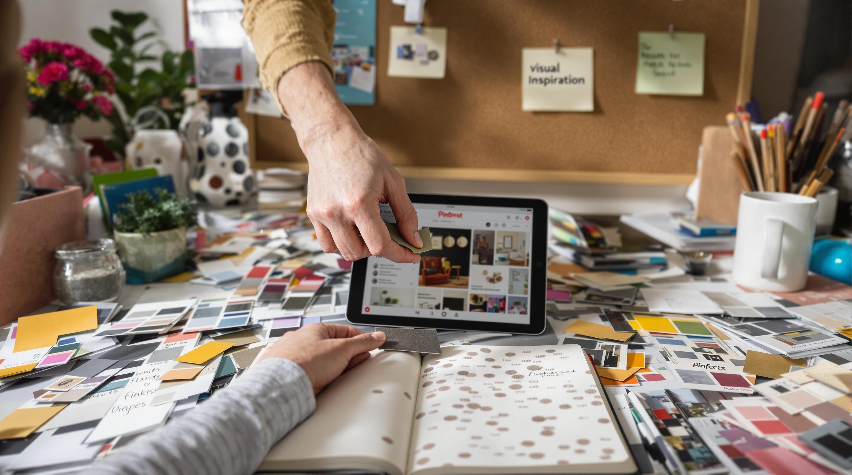Designer gathering varied visual elements in a creative workspace