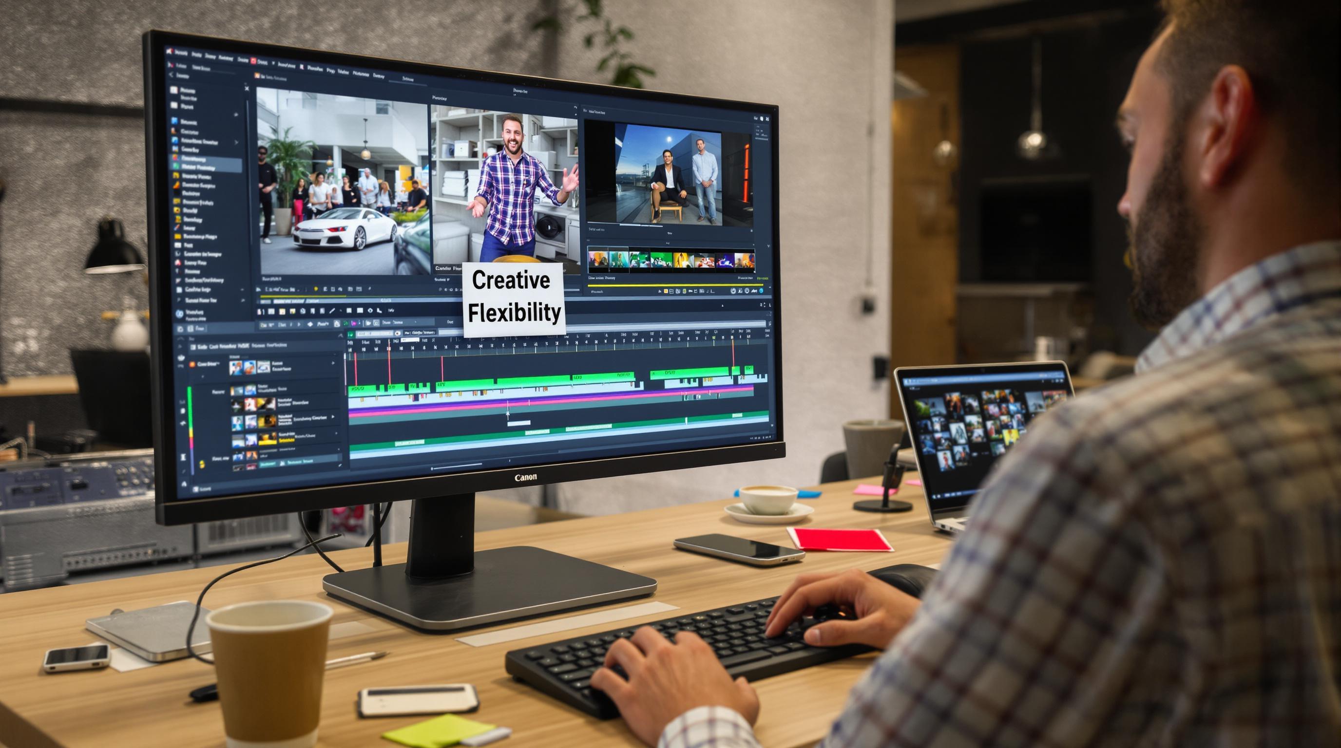 Team working on video editing project, screen shows 'Creative Flexibility' note