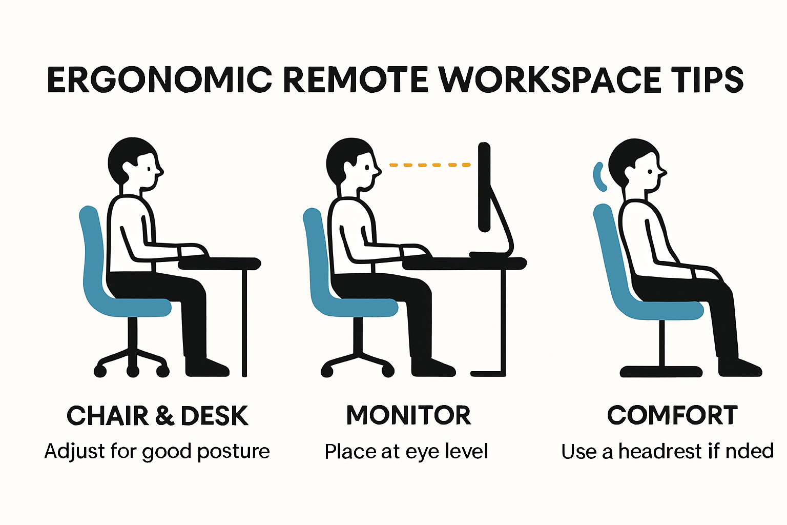 Infographic showing remote ergonomic workspace setup tips for creatives.